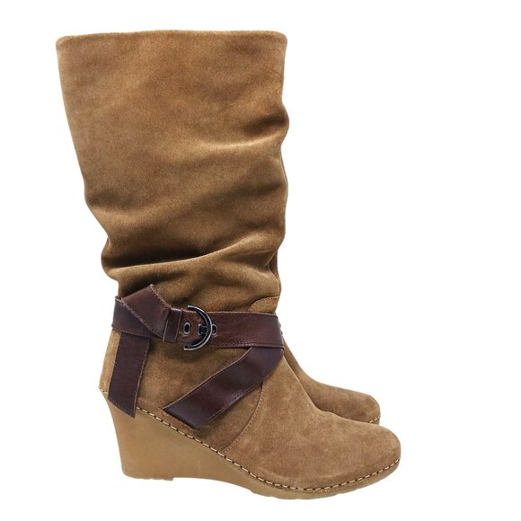Bettye Muller Tan Brown Suede Wedge Boots With Leather Strap Detail Size 38 - Picture 1 of 14